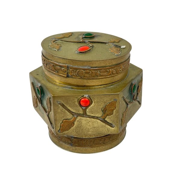 Vintage Chinese Brass Trinket Box With Enamel Inlays Decorative Lid Snuff - Picture 2 of 13